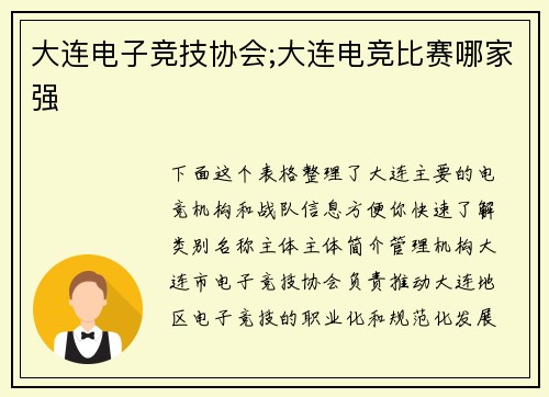 大连电子竞技协会;大连电竞比赛哪家强
